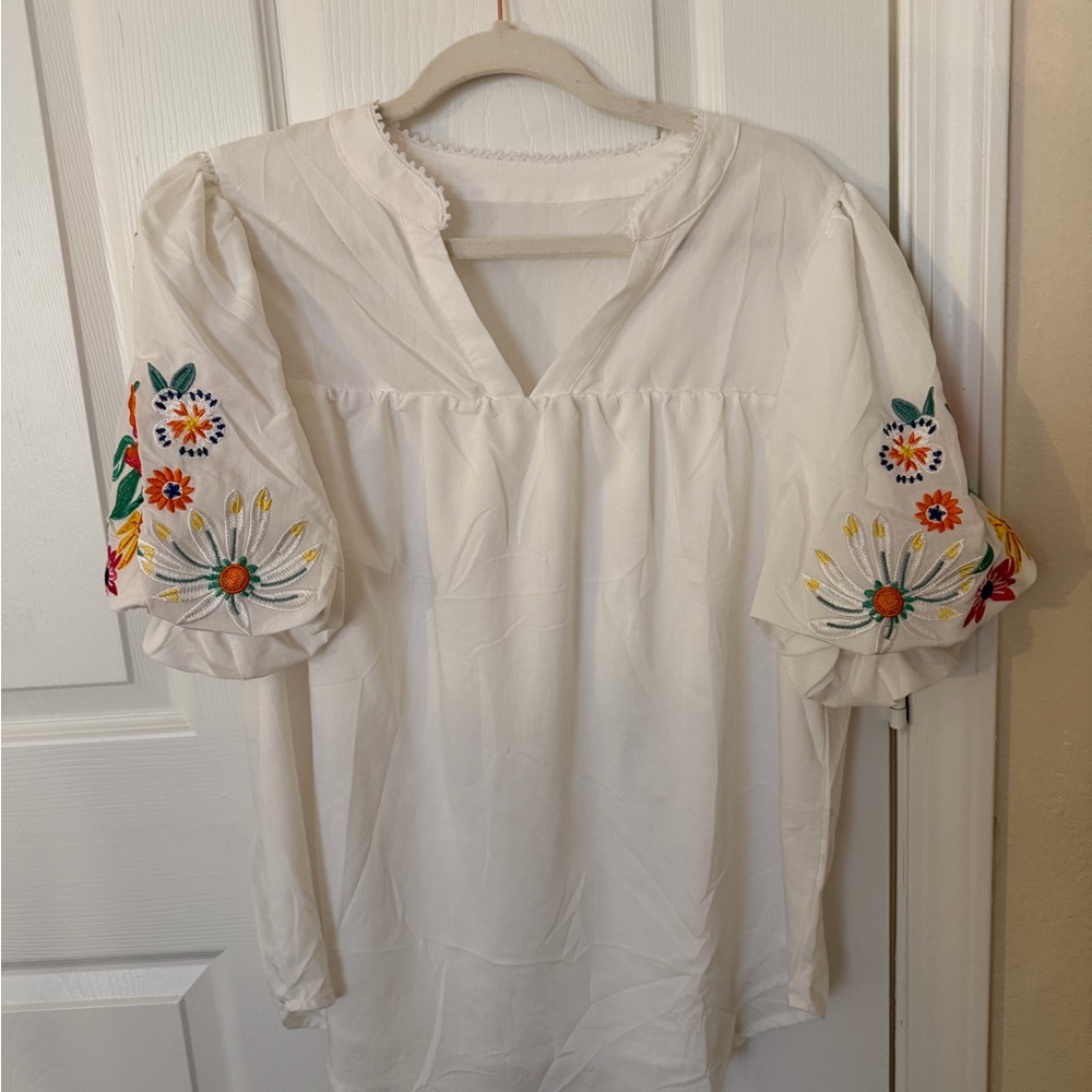 Embroidered White Blouse with Floral Sleeves